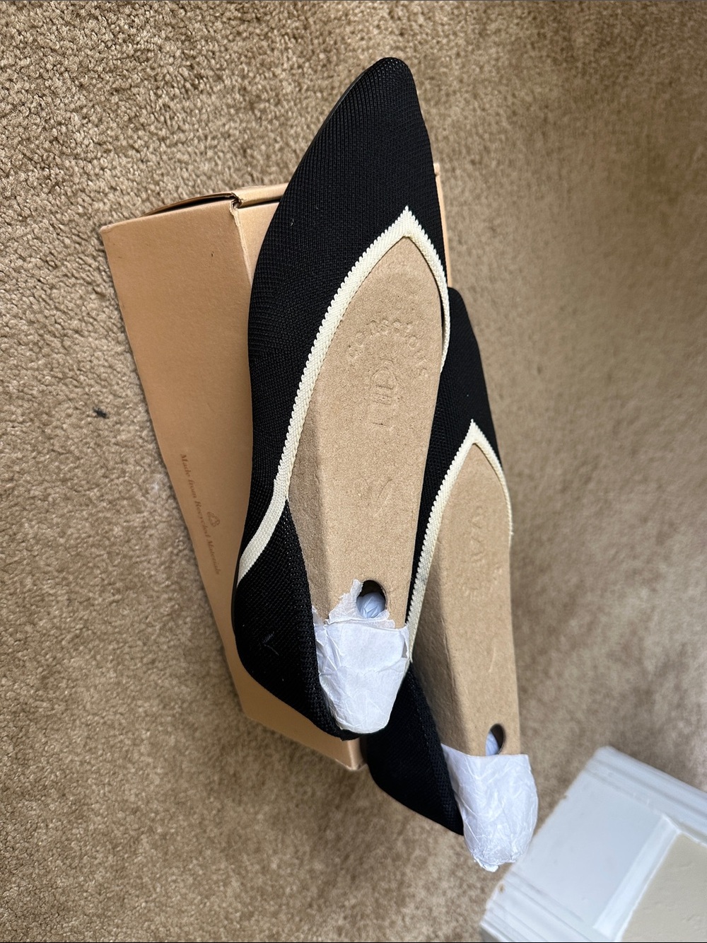 Pointed Black Flats with Cream Trim — Women's Slip-On Loafers